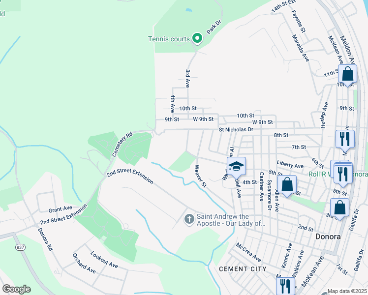 map of restaurants, bars, coffee shops, grocery stores, and more near 701 Orchard Avenue in Donora