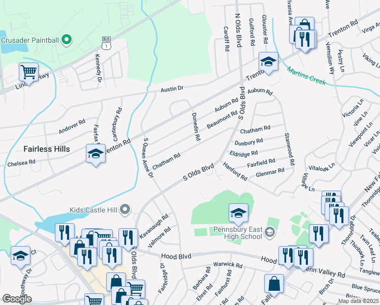 map of restaurants, bars, coffee shops, grocery stores, and more near 630 Chatham Road in Fairless Hills