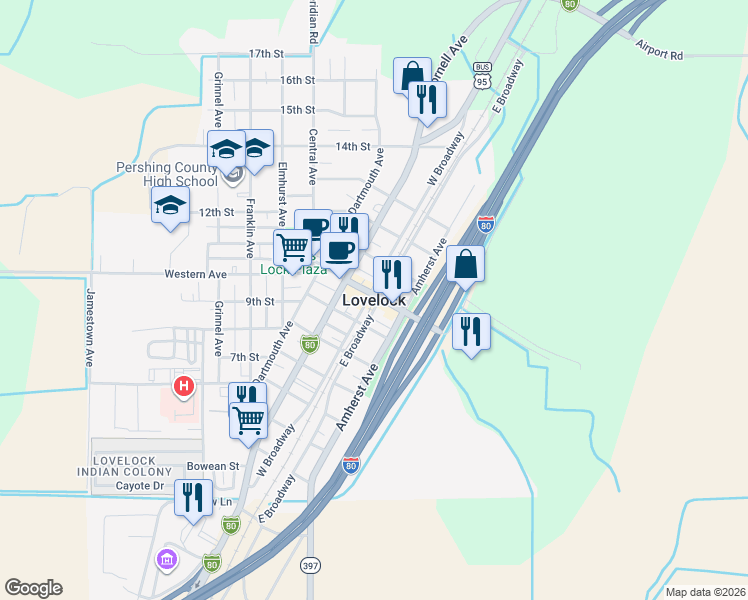 map of restaurants, bars, coffee shops, grocery stores, and more near in Lovelock