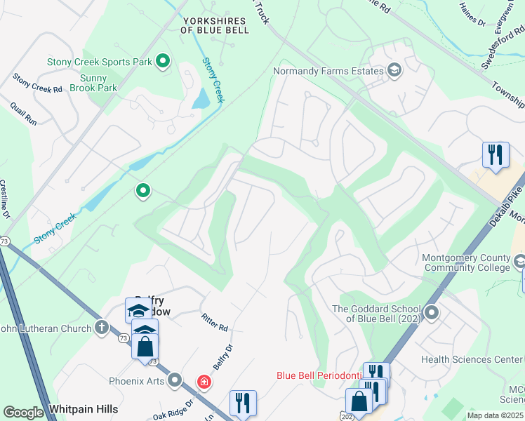 map of restaurants, bars, coffee shops, grocery stores, and more near 128 Bay Hill Drive in Blue Bell