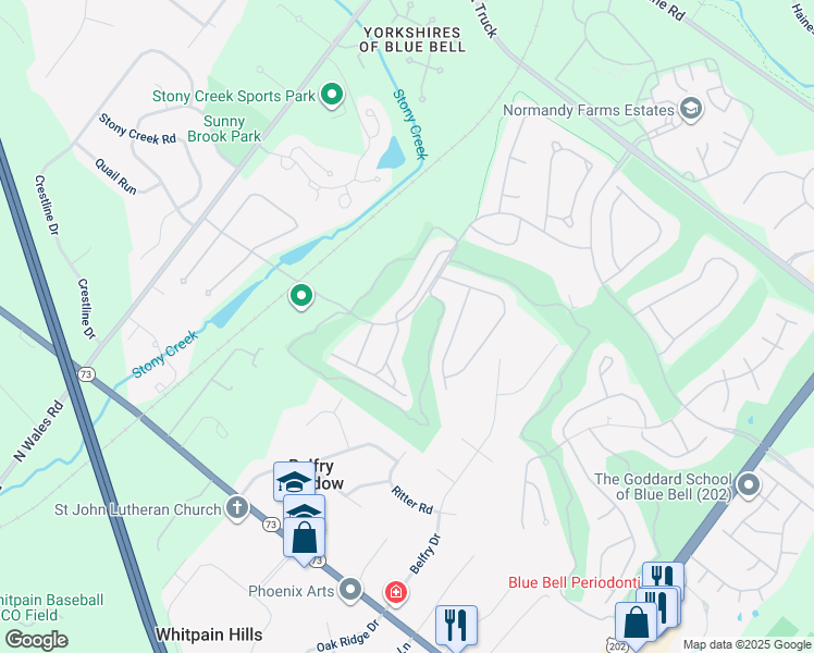 map of restaurants, bars, coffee shops, grocery stores, and more near 101 Gleneagles Drive in Blue Bell
