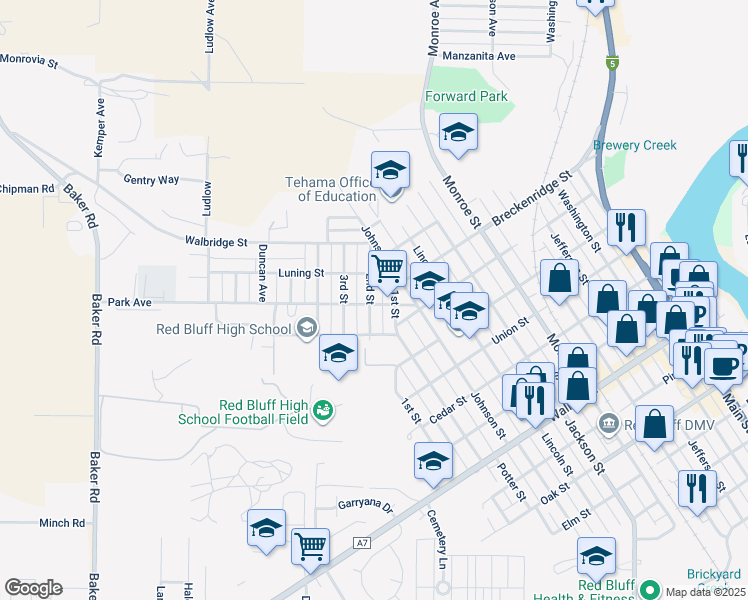 map of restaurants, bars, coffee shops, grocery stores, and more near 1254 Park Avenue in Red Bluff
