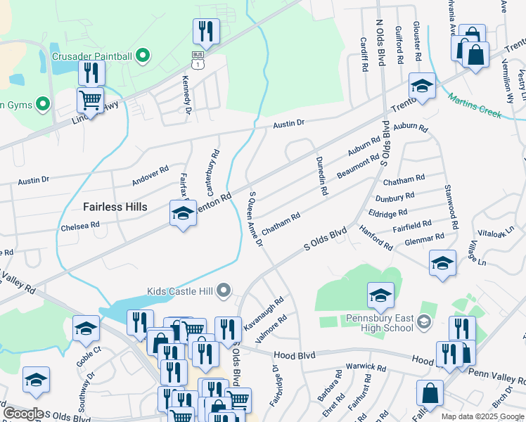 map of restaurants, bars, coffee shops, grocery stores, and more near 605 Beaumont Road in Fairless Hills