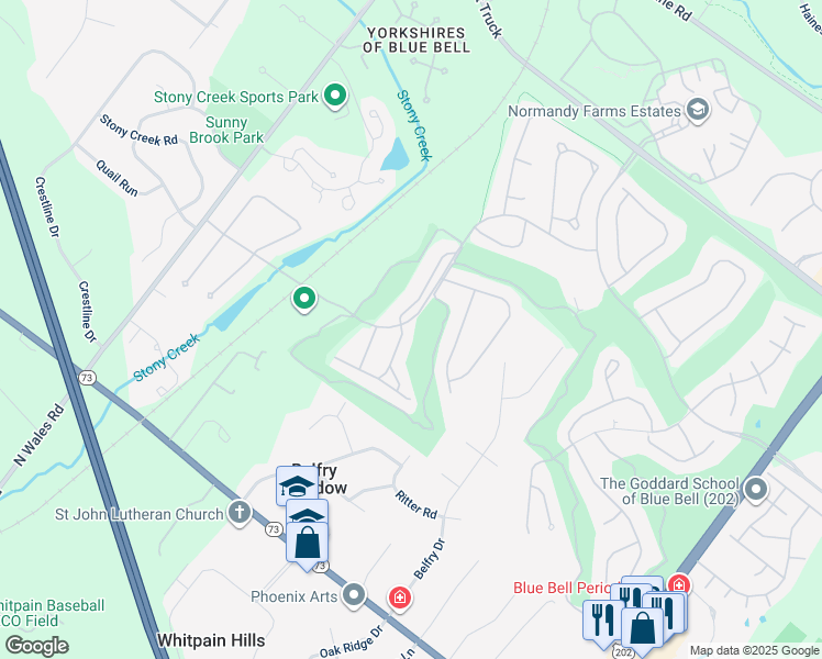 map of restaurants, bars, coffee shops, grocery stores, and more near 101 Gleneagles Drive in Blue Bell