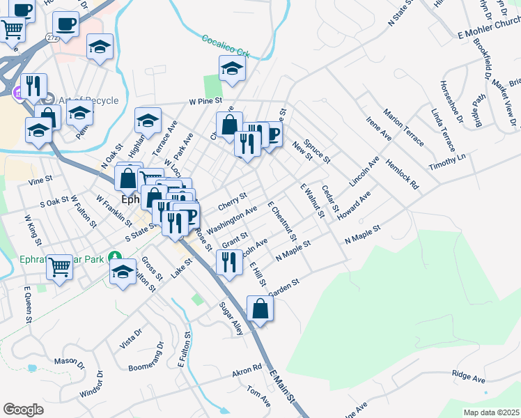 map of restaurants, bars, coffee shops, grocery stores, and more near 235 Washington Avenue in Ephrata
