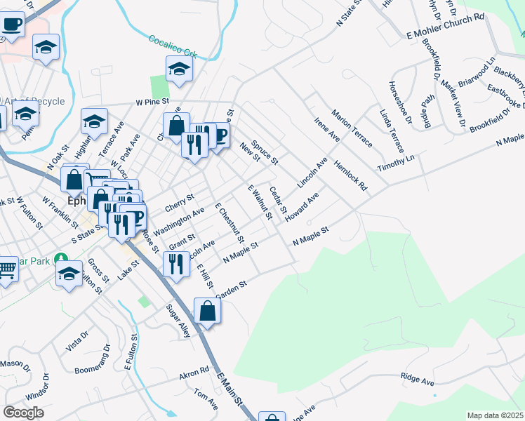 map of restaurants, bars, coffee shops, grocery stores, and more near 340 Lincoln Avenue in Ephrata