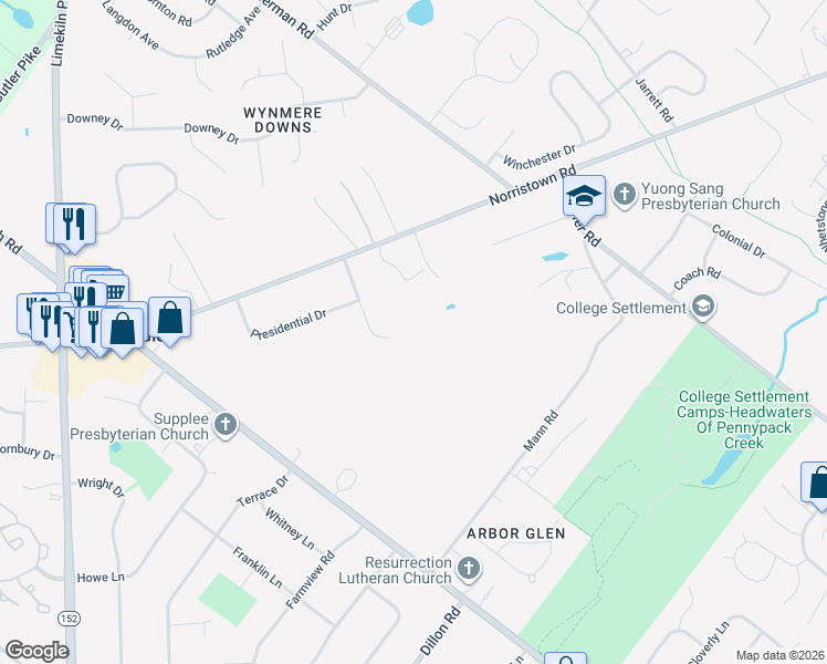 map of restaurants, bars, coffee shops, grocery stores, and more near 637 Roosevelt Dr in Horsham