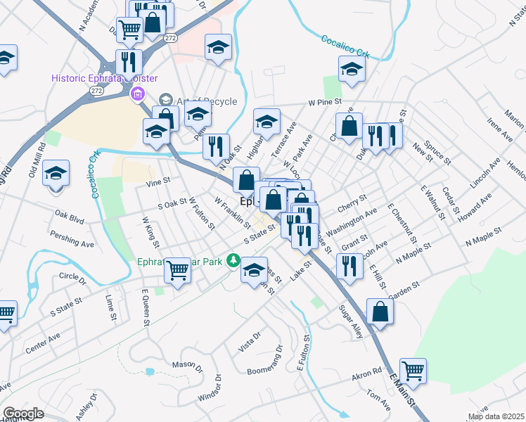 map of restaurants, bars, coffee shops, grocery stores, and more near 34 West Main Street in Ephrata