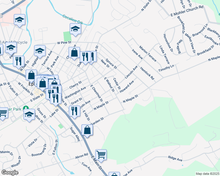 map of restaurants, bars, coffee shops, grocery stores, and more near 340 Lincoln Avenue in Ephrata