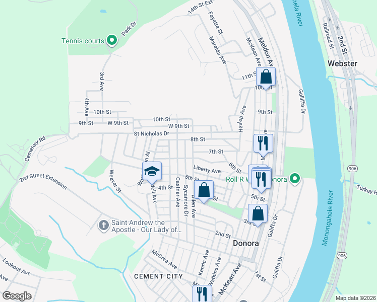map of restaurants, bars, coffee shops, grocery stores, and more near 600 Castner Avenue in Donora