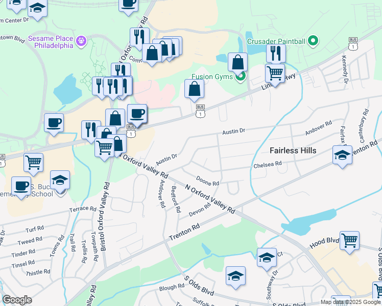 map of restaurants, bars, coffee shops, grocery stores, and more near 201 Chelsea Road in Fairless Hills