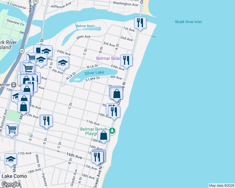 map of restaurants, bars, coffee shops, grocery stores, and more near 8th Avenue in Belmar