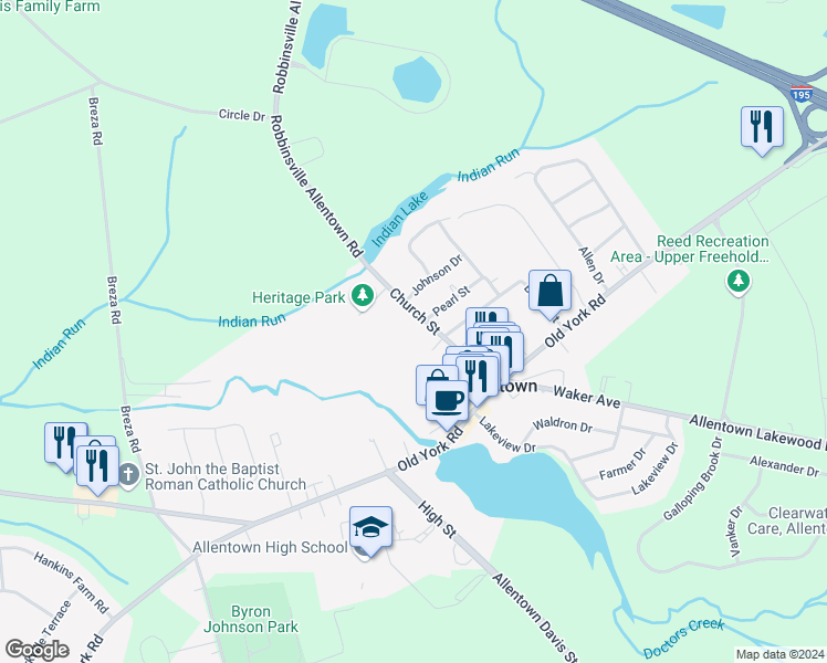 map of restaurants, bars, coffee shops, grocery stores, and more near 50 1/2 Church Street in Allentown