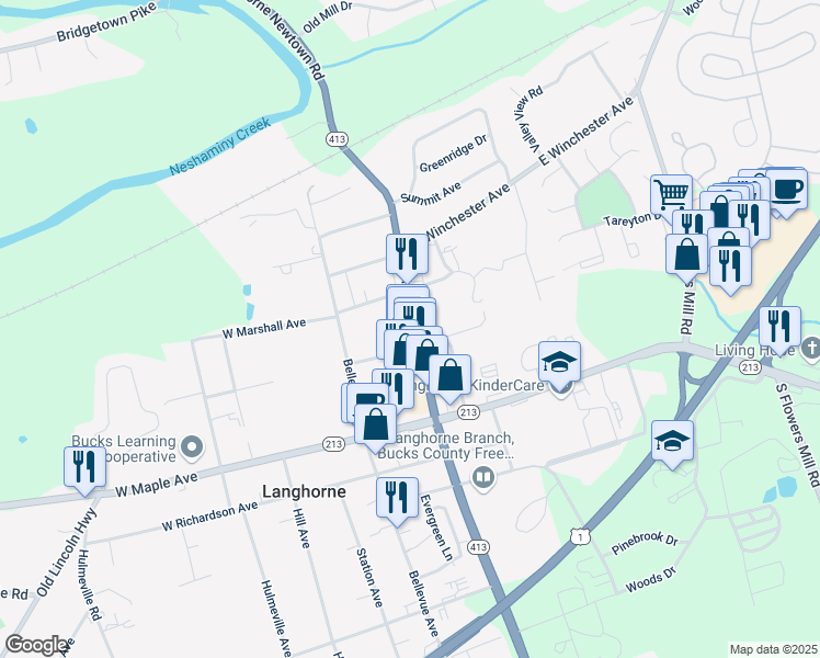 map of restaurants, bars, coffee shops, grocery stores, and more near 139 East Watson Avenue in Langhorne