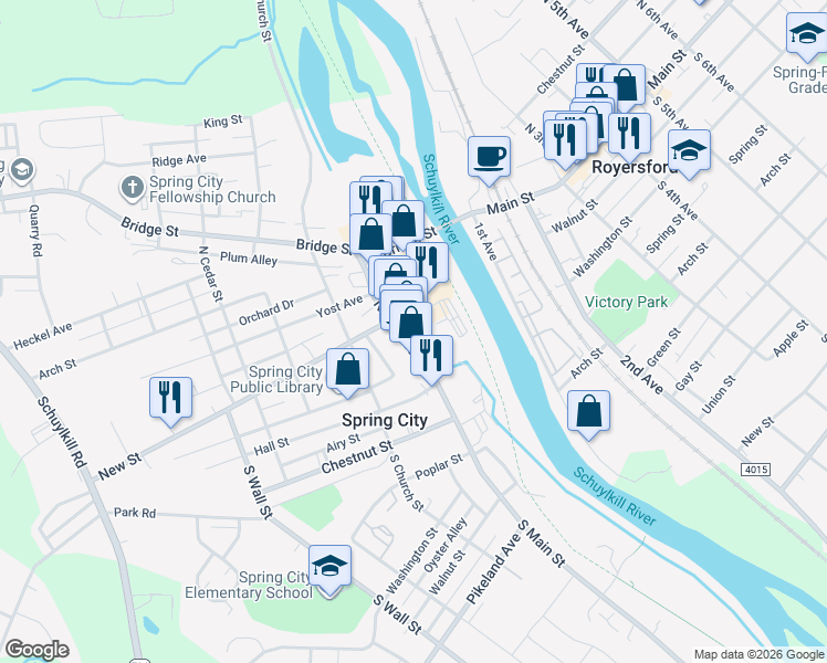 map of restaurants, bars, coffee shops, grocery stores, and more near 45 North Main Street in Spring City