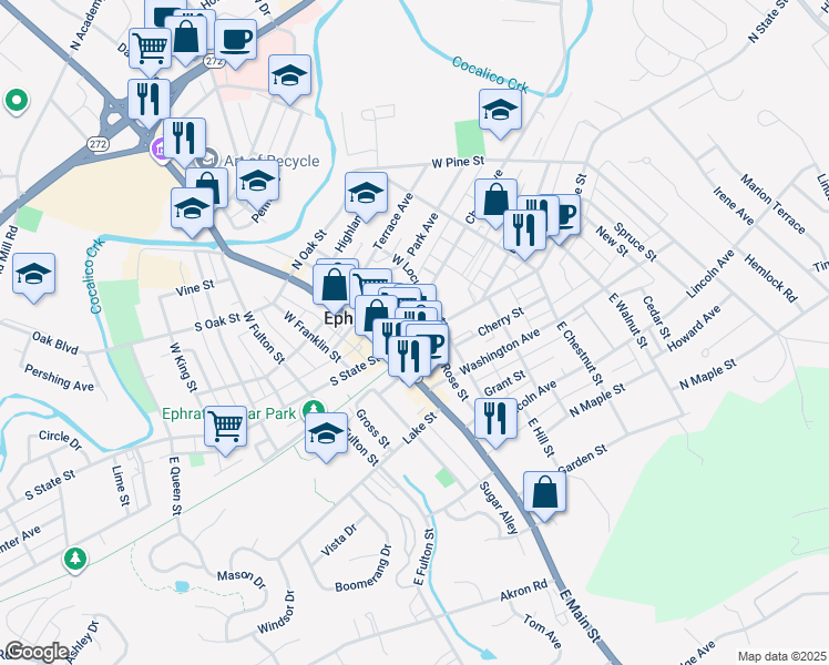 map of restaurants, bars, coffee shops, grocery stores, and more near 27 North State Street in Ephrata