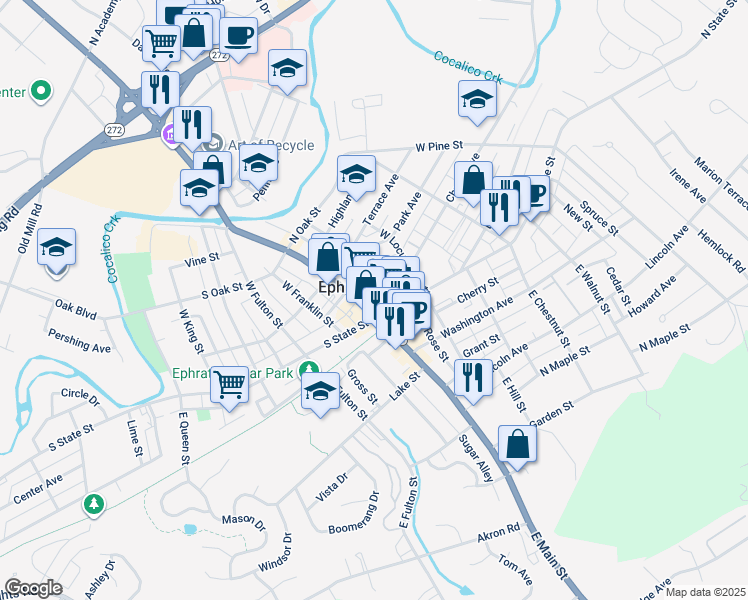 map of restaurants, bars, coffee shops, grocery stores, and more near 1 West Main Street in Ephrata