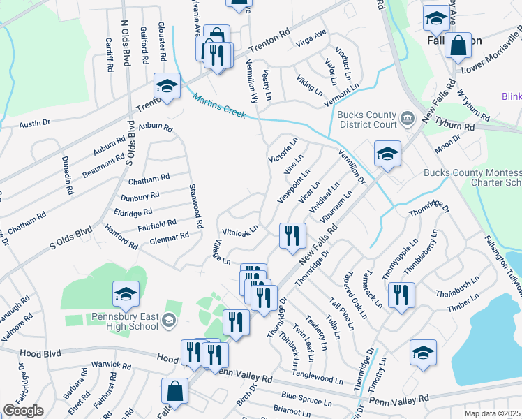 map of restaurants, bars, coffee shops, grocery stores, and more near 70 Vermillion Drive in Levittown