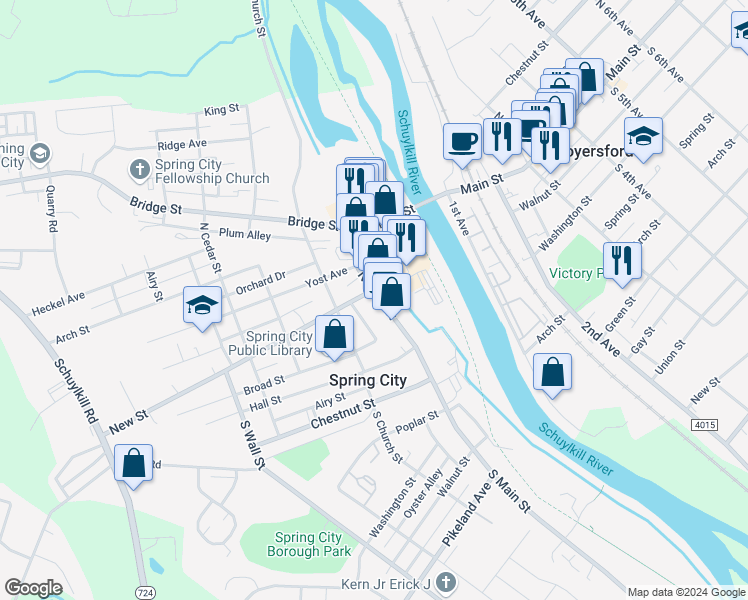 map of restaurants, bars, coffee shops, grocery stores, and more near 88 North Main Street in Spring City