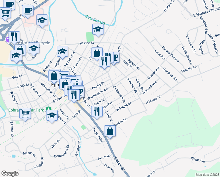 map of restaurants, bars, coffee shops, grocery stores, and more near 235 Washington Avenue in Ephrata