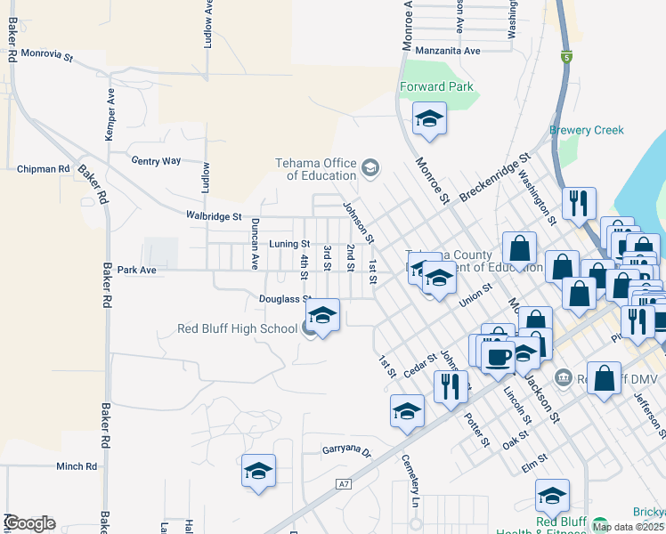 map of restaurants, bars, coffee shops, grocery stores, and more near 1354 Park Avenue in Red Bluff