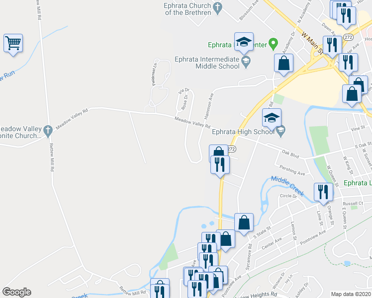 map of restaurants, bars, coffee shops, grocery stores, and more near 1258 Hammon Avenue in Ephrata Township