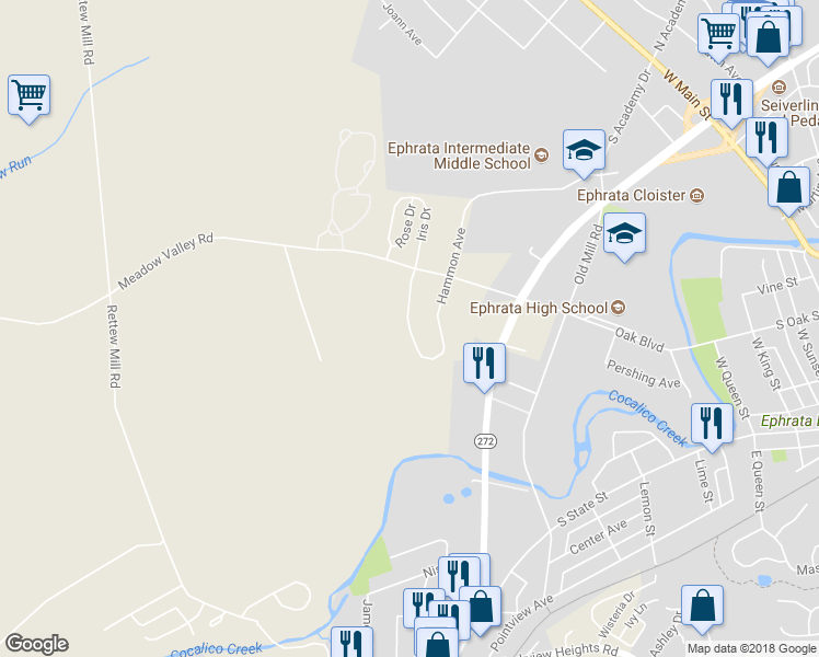map of restaurants, bars, coffee shops, grocery stores, and more near 1260 Hammon Avenue in Ephrata