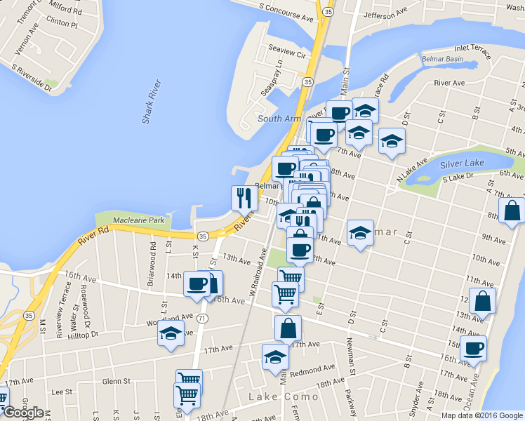 map of restaurants, bars, coffee shops, grocery stores, and more near 801 11th Avenue in Belmar