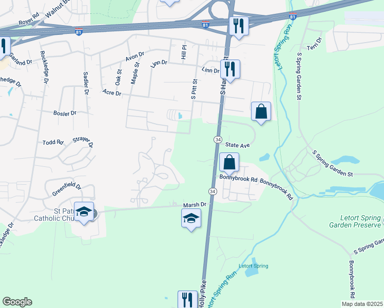 map of restaurants, bars, coffee shops, grocery stores, and more near 1252 Holly Pike in Carlisle