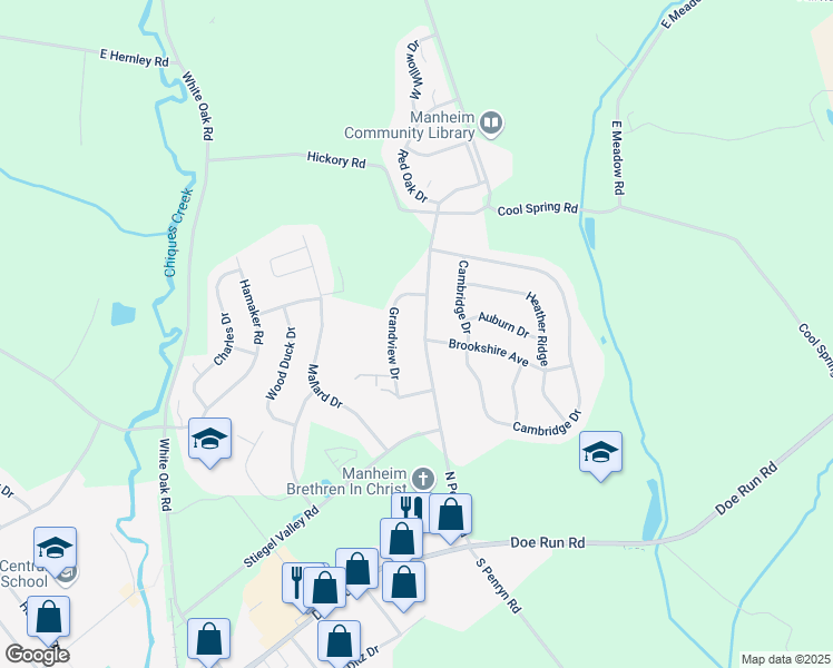 map of restaurants, bars, coffee shops, grocery stores, and more near 260 North Penryn Road in Manheim