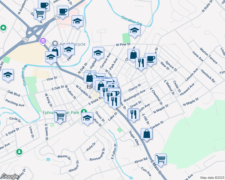 map of restaurants, bars, coffee shops, grocery stores, and more near 30 North State Street in Ephrata
