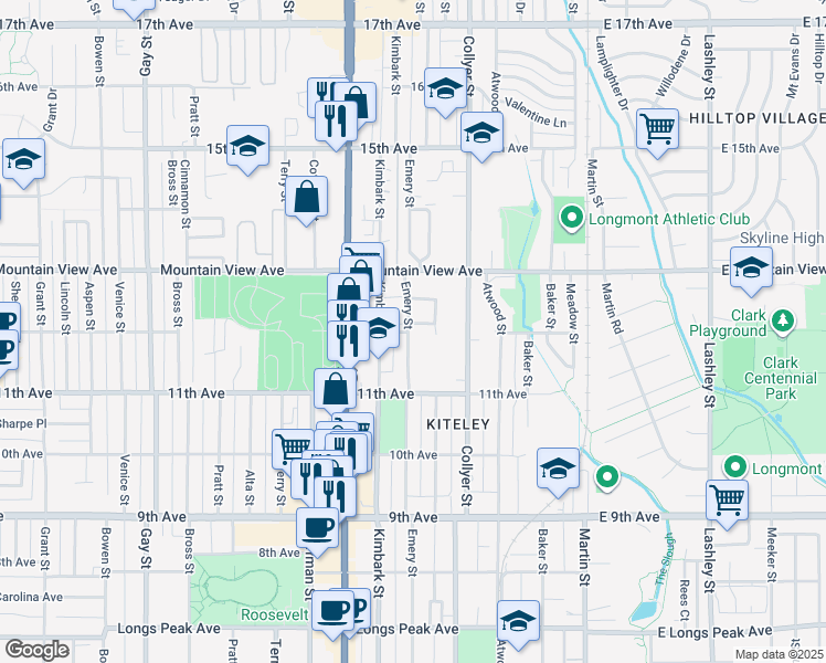map of restaurants, bars, coffee shops, grocery stores, and more near 345 Colony Place in Longmont