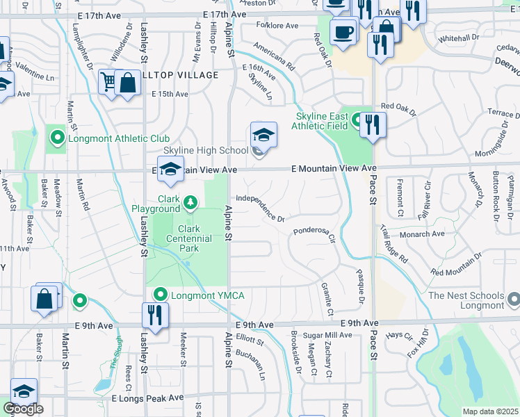 map of restaurants, bars, coffee shops, grocery stores, and more near 517 Independence Drive in Longmont