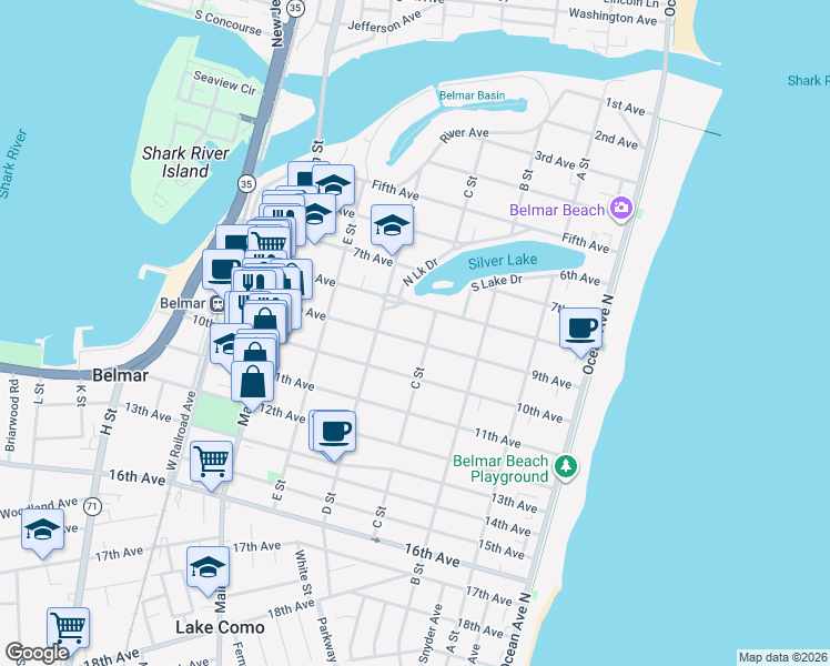 map of restaurants, bars, coffee shops, grocery stores, and more near 411 9th Avenue in Belmar
