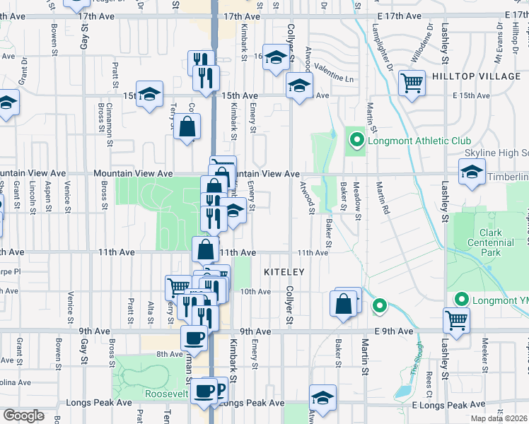 map of restaurants, bars, coffee shops, grocery stores, and more near 321 Colony Place in Longmont