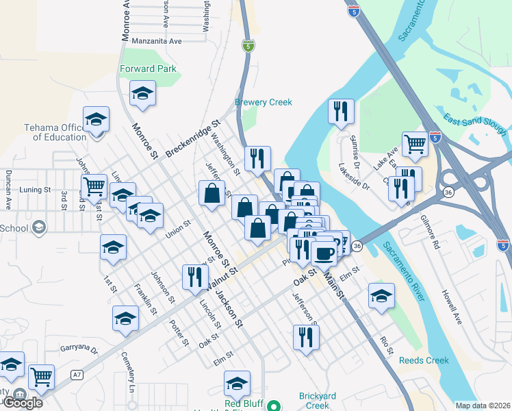 map of restaurants, bars, coffee shops, grocery stores, and more near in Red Bluff