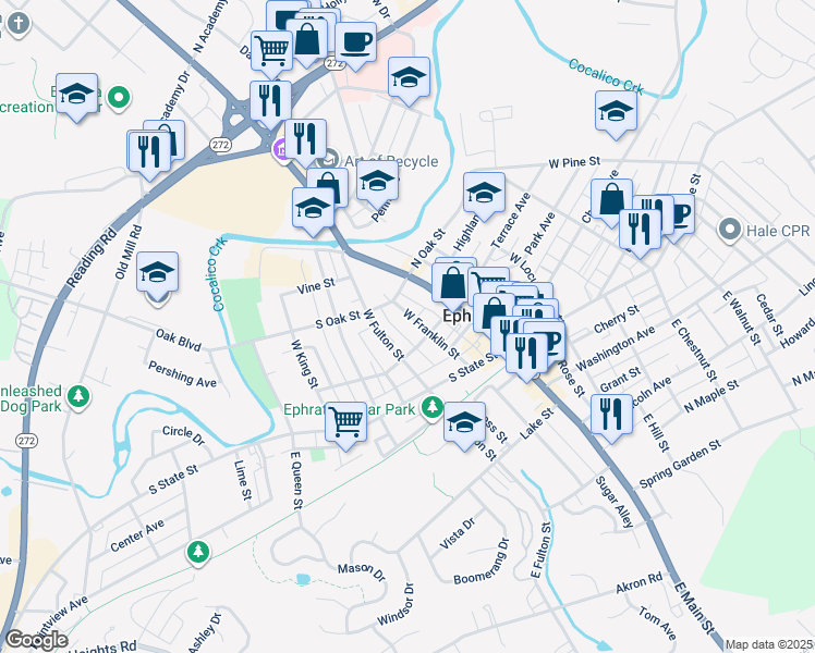 map of restaurants, bars, coffee shops, grocery stores, and more near 120 West Fulton Street in Ephrata