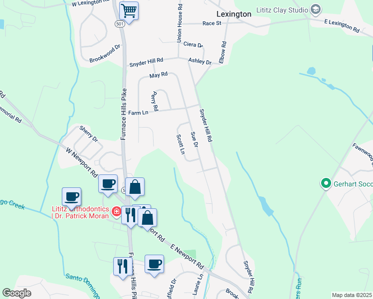 map of restaurants, bars, coffee shops, grocery stores, and more near 797 Scott Lane in Lititz