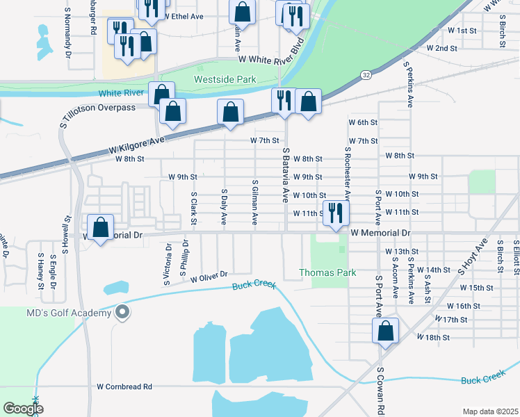 map of restaurants, bars, coffee shops, grocery stores, and more near 1801 South Gilman Avenue in Muncie