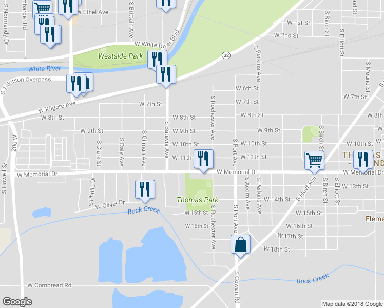 map of restaurants, bars, coffee shops, grocery stores, and more near 1944 West 11th Street in Muncie