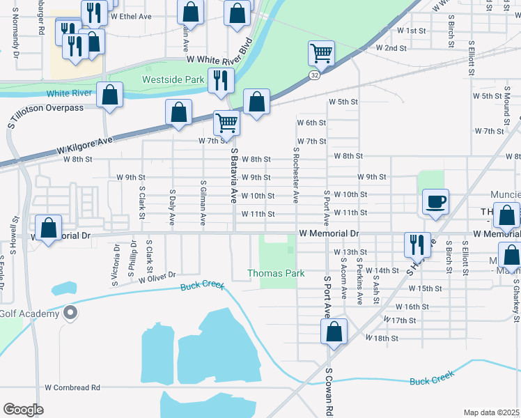 map of restaurants, bars, coffee shops, grocery stores, and more near 2004 West 11th Street in Muncie