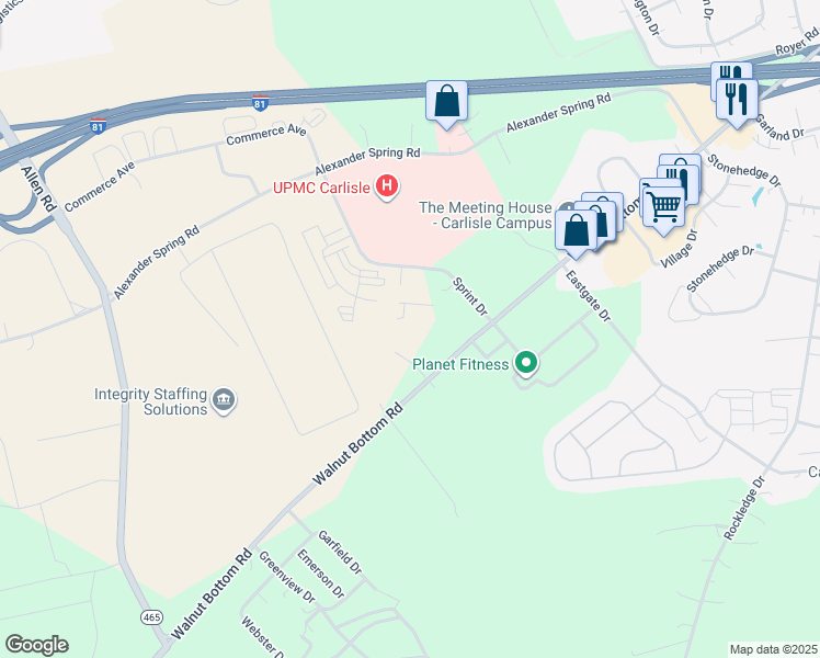 map of restaurants, bars, coffee shops, grocery stores, and more near 1201 Walnut Bottom Road in Carlisle