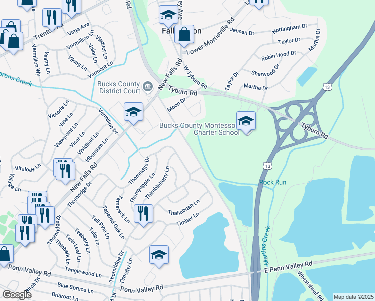map of restaurants, bars, coffee shops, grocery stores, and more near 118 Fallsington-Tullytown Road in Levittown