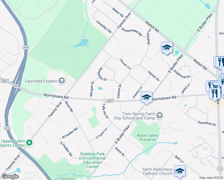map of restaurants, bars, coffee shops, grocery stores, and more near 1612 Norristown Road in Ambler