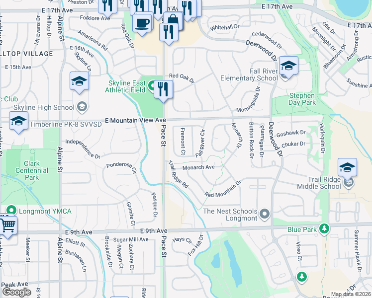 map of restaurants, bars, coffee shops, grocery stores, and more near 1218 Fremont Court in Longmont