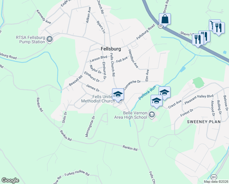 map of restaurants, bars, coffee shops, grocery stores, and more near 1266 Fells Church Road in Belle Vernon
