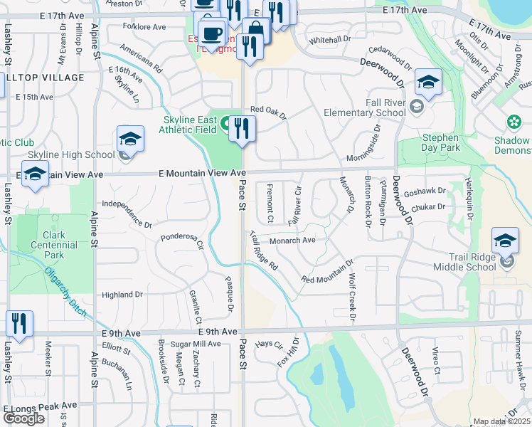 map of restaurants, bars, coffee shops, grocery stores, and more near 1217 Fremont Court in Longmont