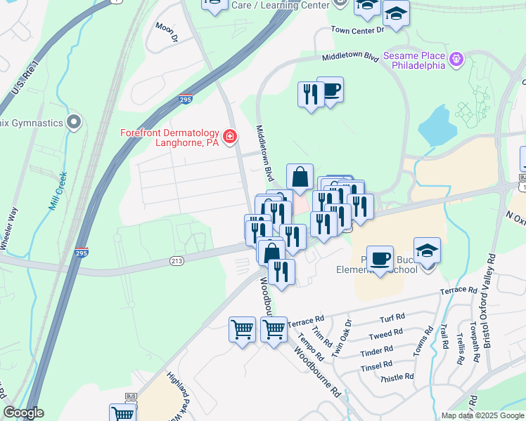 map of restaurants, bars, coffee shops, grocery stores, and more near 240 Middletown Boulevard in Langhorne