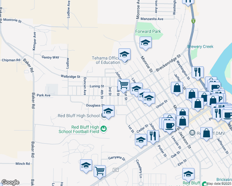 map of restaurants, bars, coffee shops, grocery stores, and more near 1417 2nd Street in Red Bluff