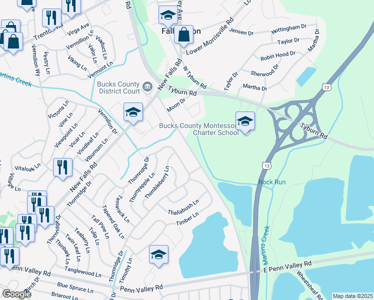 map of restaurants, bars, coffee shops, grocery stores, and more near 118 Fallsington-Tullytown Road in Levittown